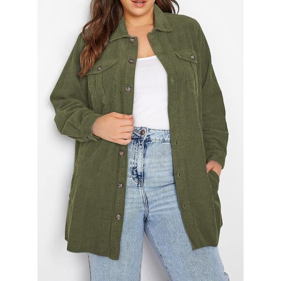 Womens Green Plus Size Plaid Shacket Long Sleeve Button Down Casual Jacket - Picture 2 of 5